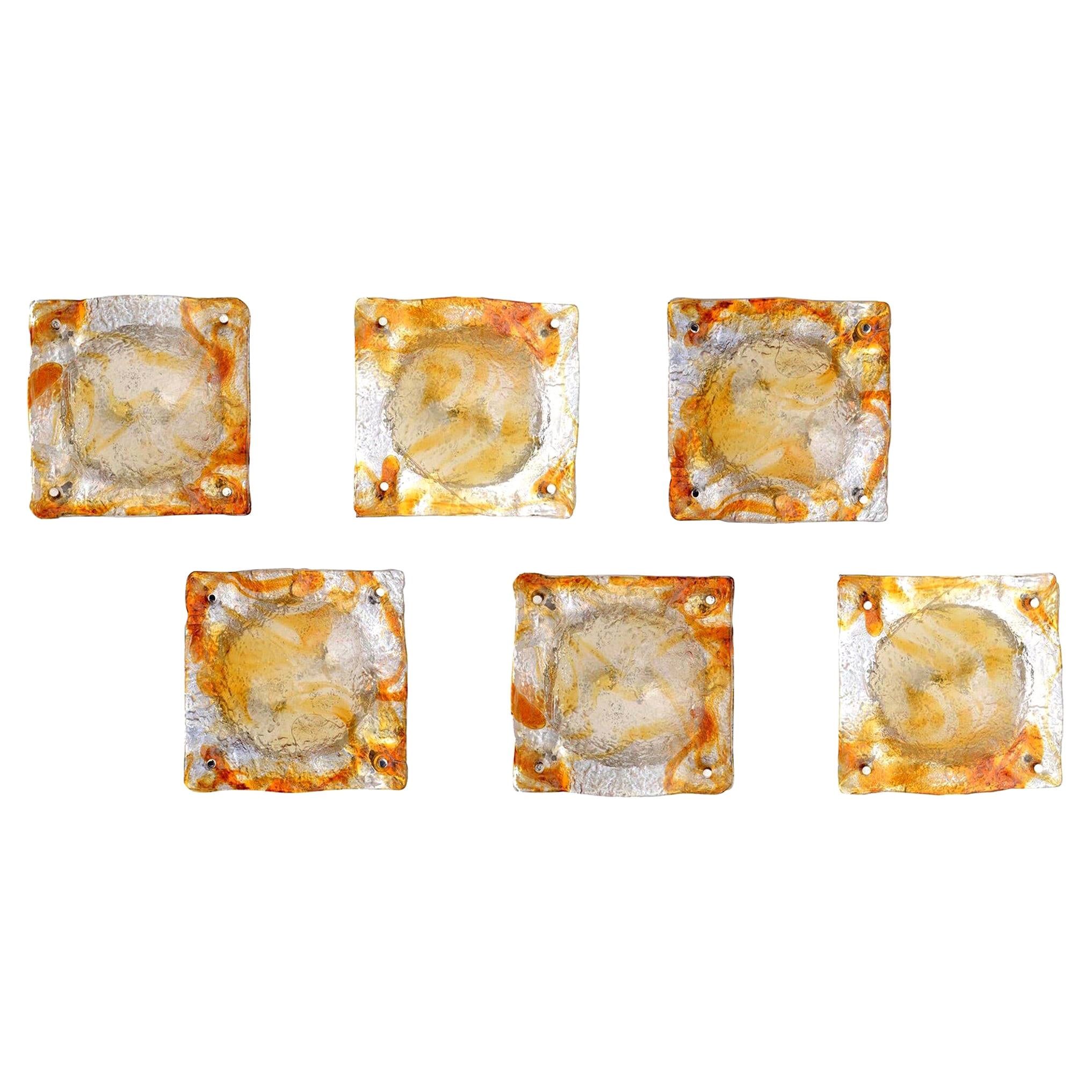 Vintage Mazzega Murano Fused Amber, Orange and Clear Glass Wall Sconces Set/ Six