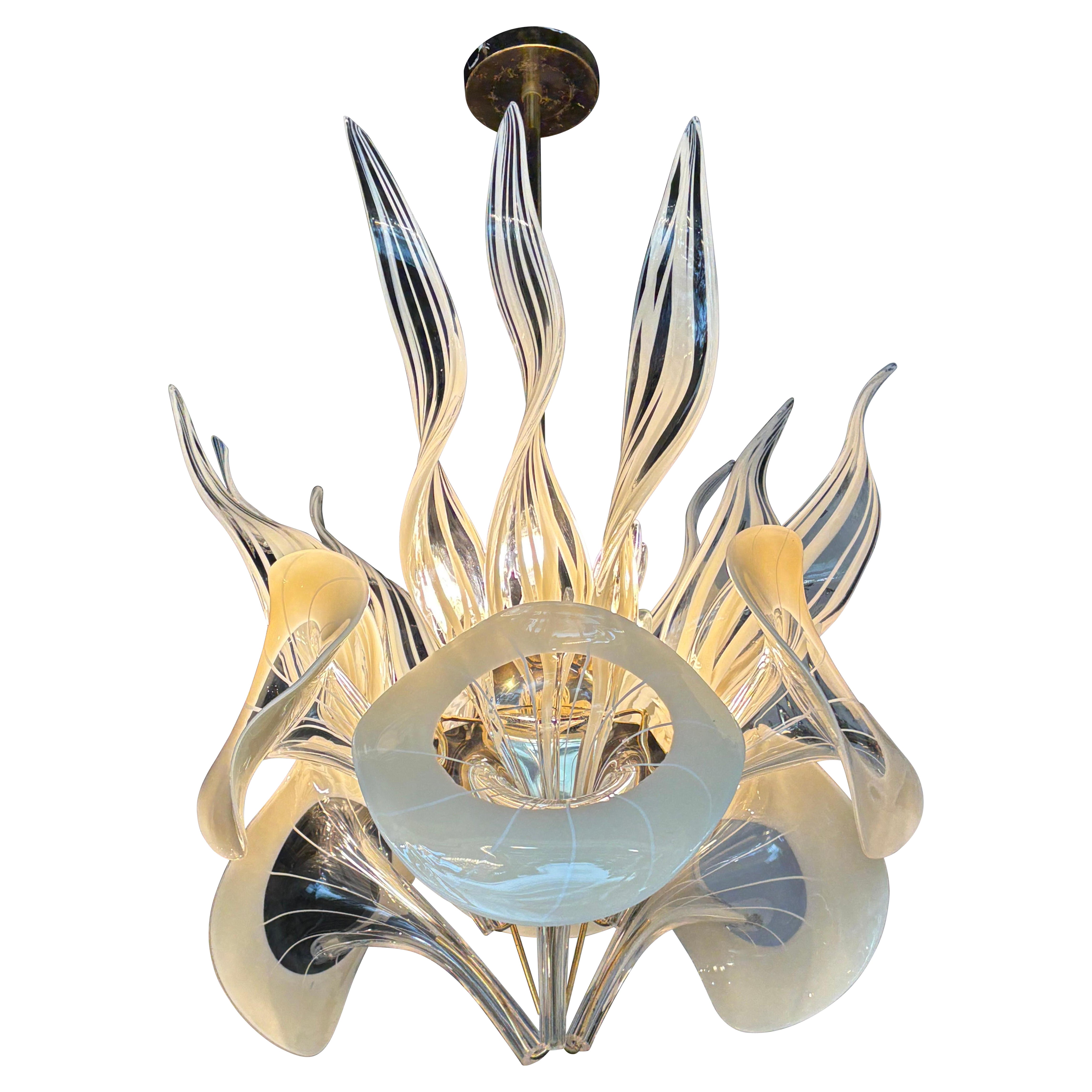 Vintage Mazzega Murano Italian Glass Calla Lily & Leaves 8 Light Chandelier For Sale