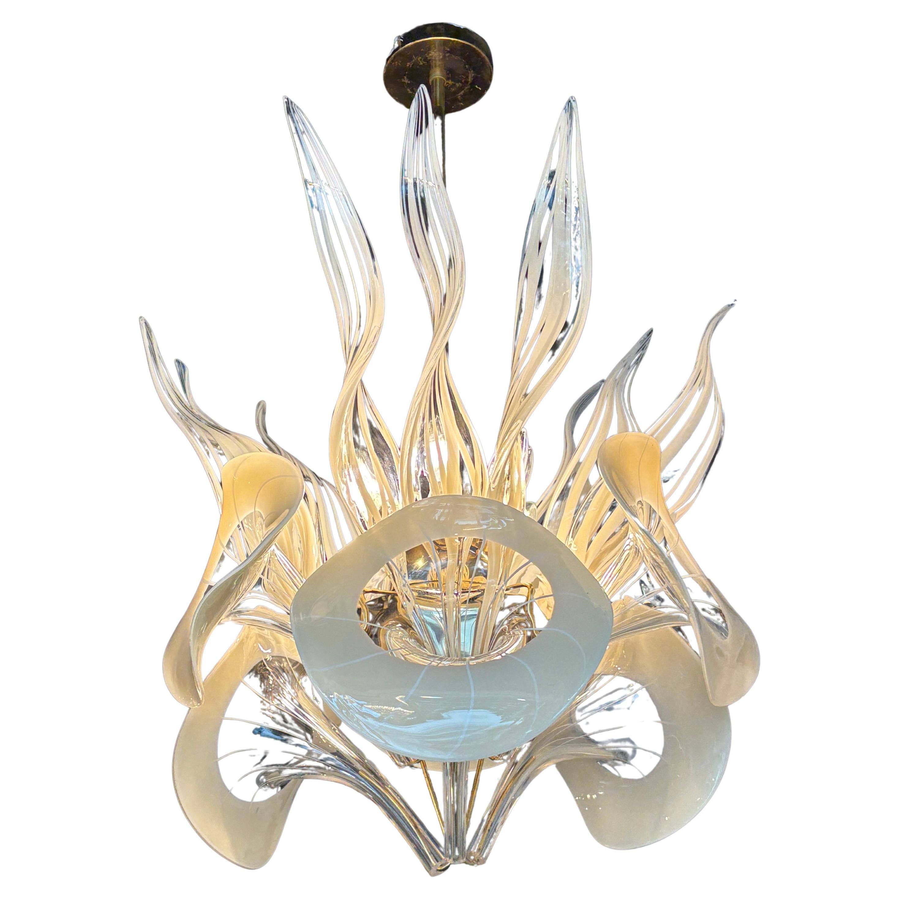 Vintage Mazzega Murano Italian Glass Calla Lily 
Leaves 8 Light Chandelier For Sale