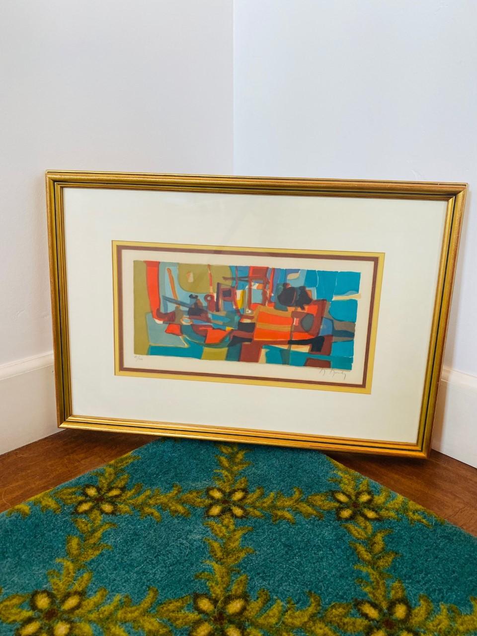 Vintage Marcel Mouly firmato Composizione litografica astratta modernista in blu 3