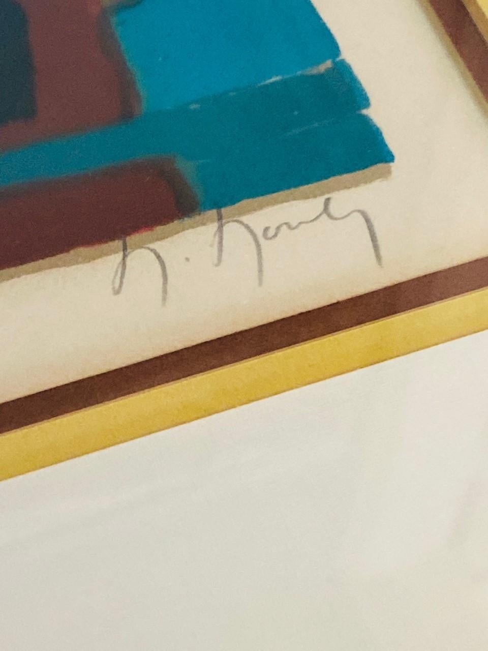 Francese Vintage Marcel Mouly firmato Composizione litografica astratta modernista in blu
