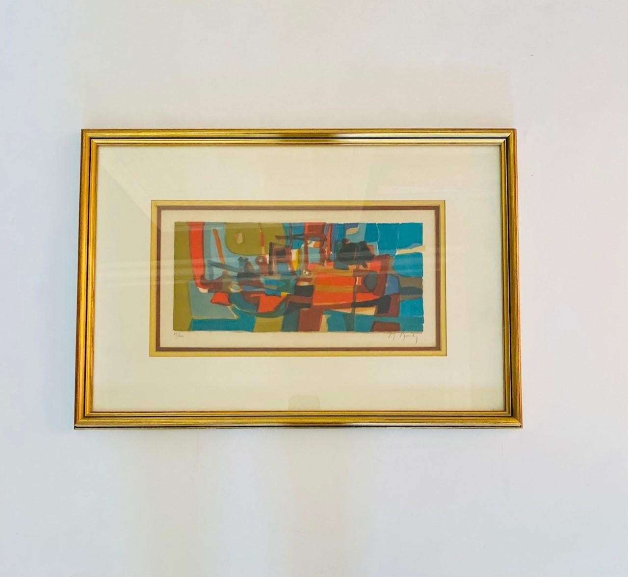 Vintage MC Marcel Mouly Signed Abstract Modernist Lithograph Composition in Blue In Good Condition For Sale In San Diego, CA