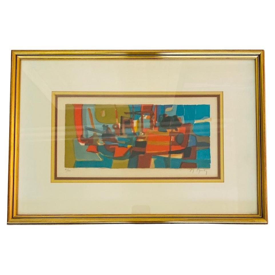 Vintage MC Marcel Mouly Signed Abstract Modernist Lithograph Composition in Blue For Sale