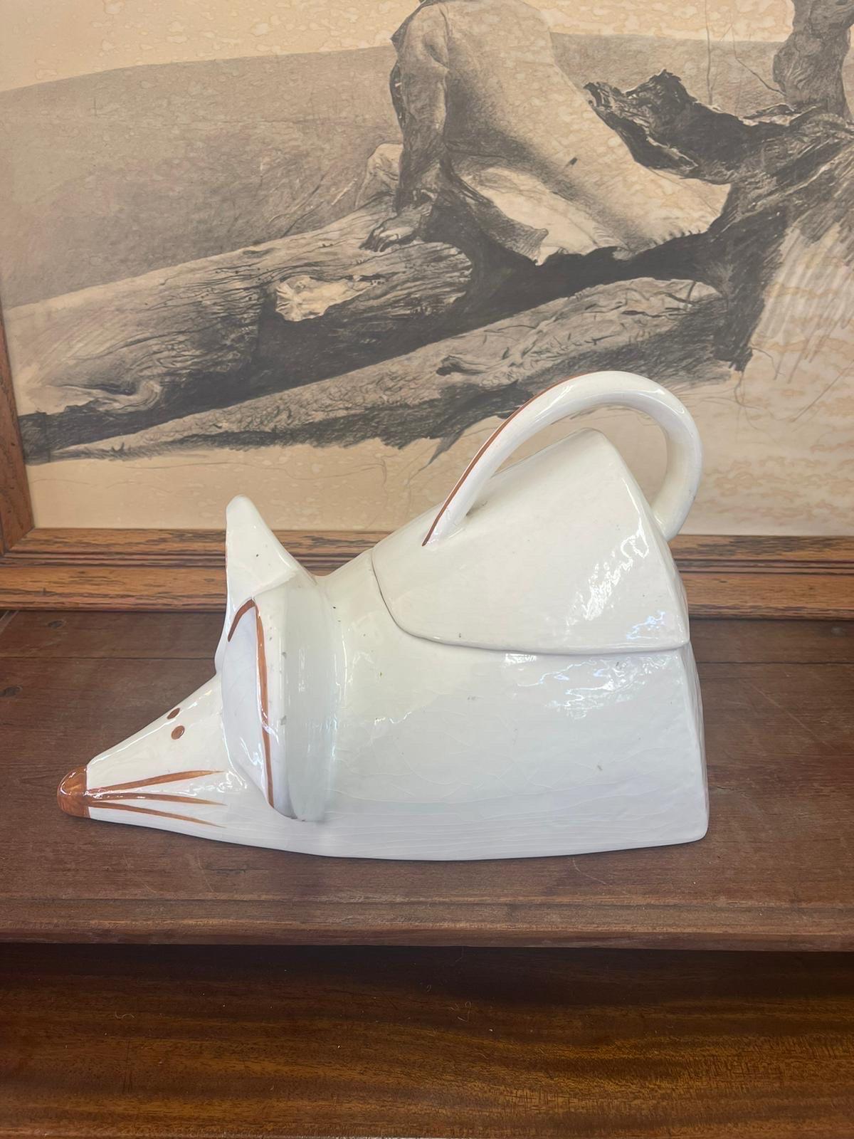 Vintage Hand Painted Cookie Jar. White Collaring with Brown Accents. Aged Ceramic Cracking. Vintage Condition Consistent with Age as Pictured.

Dimensions. 12 W ; 9 D ; 8 1/2 H