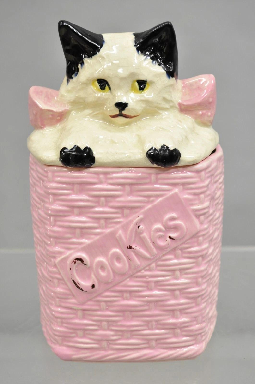 Vintage McCoy Pottery weiß und schwarz Katze Kätzchen Kitty in rosa Korb Cookie Jar im Angebot 4