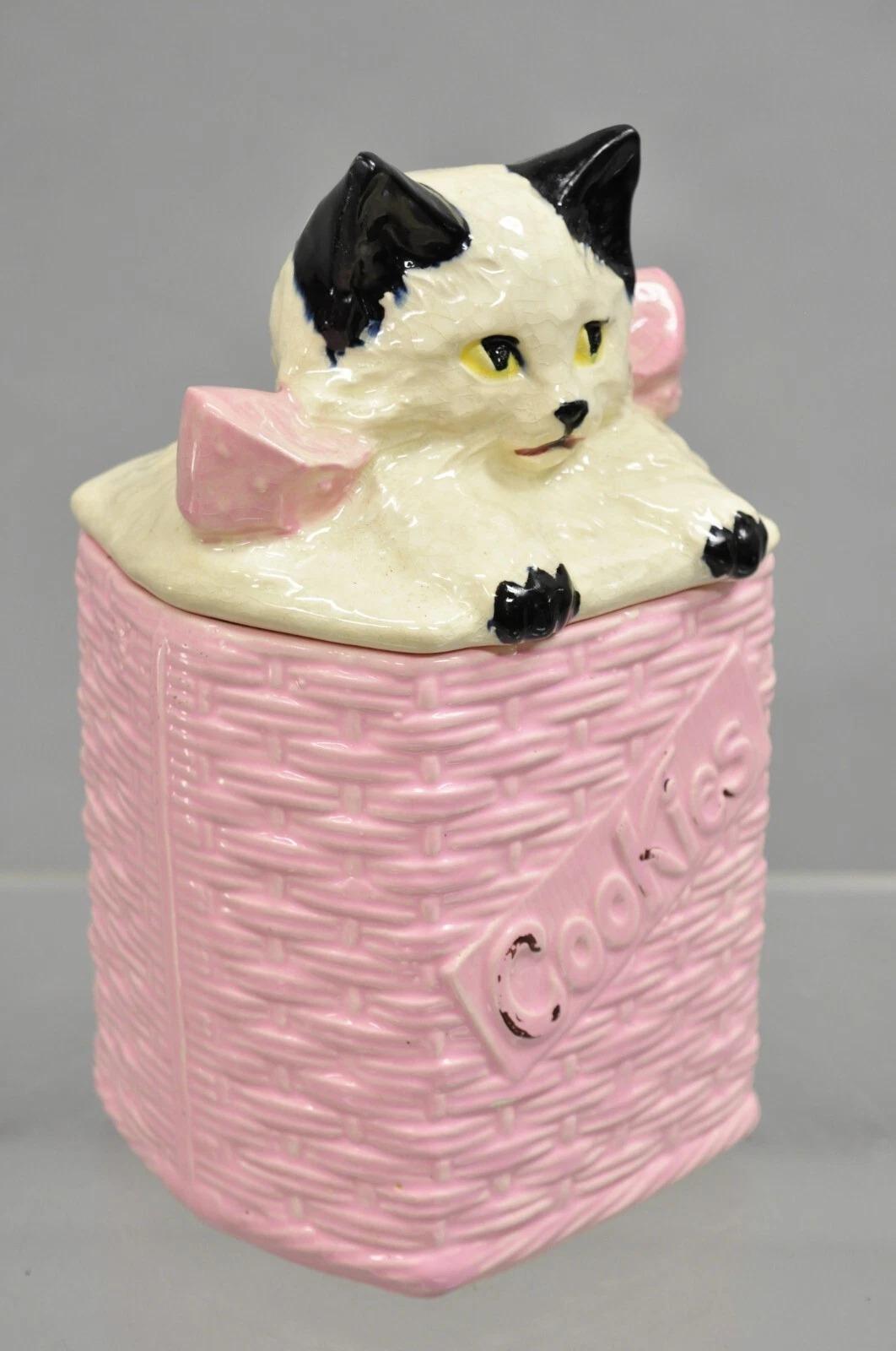 Vintage McCoy Pottery weiß und schwarz Katze Kätzchen Kitty in rosa Korb Cookie Jar im Angebot 5