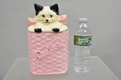 Vintage McCoy Pottery White and Black Cat Kitten Kitty in Pink Basket Cookie Jar