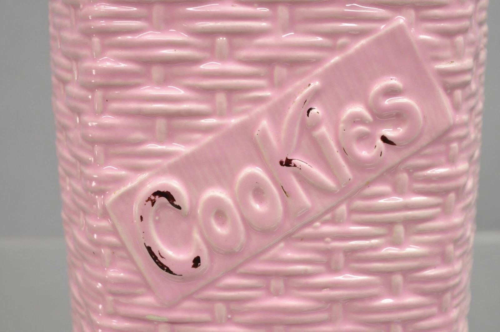 Vintage McCoy Pottery weiß und schwarz Katze Kätzchen Kitty in rosa Korb Cookie Jar (Unbekannt) im Angebot