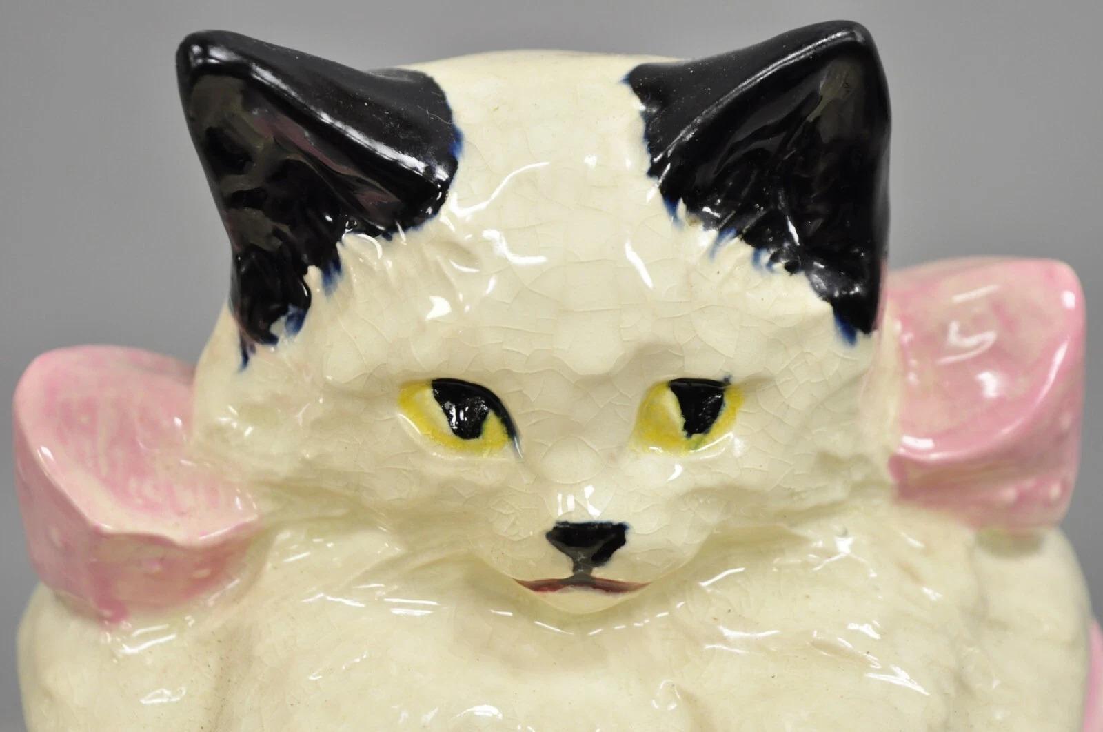 Vintage McCoy Pottery weiß und schwarz Katze Kätzchen Kitty in rosa Korb Cookie Jar im Angebot 2