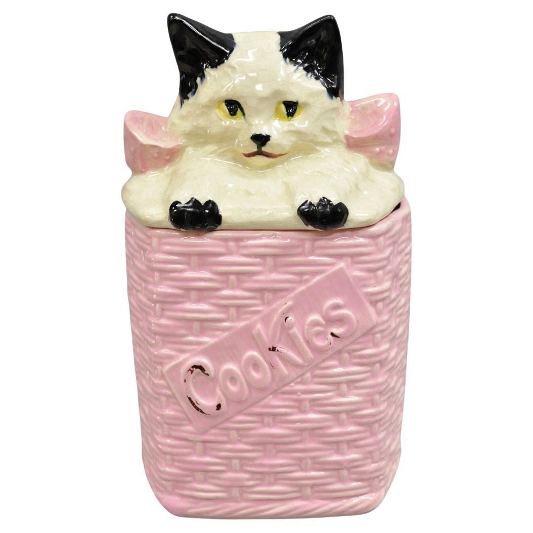 Vintage McCoy Pottery weiß und schwarz Katze Kätzchen Kitty in rosa Korb Cookie Jar im Angebot