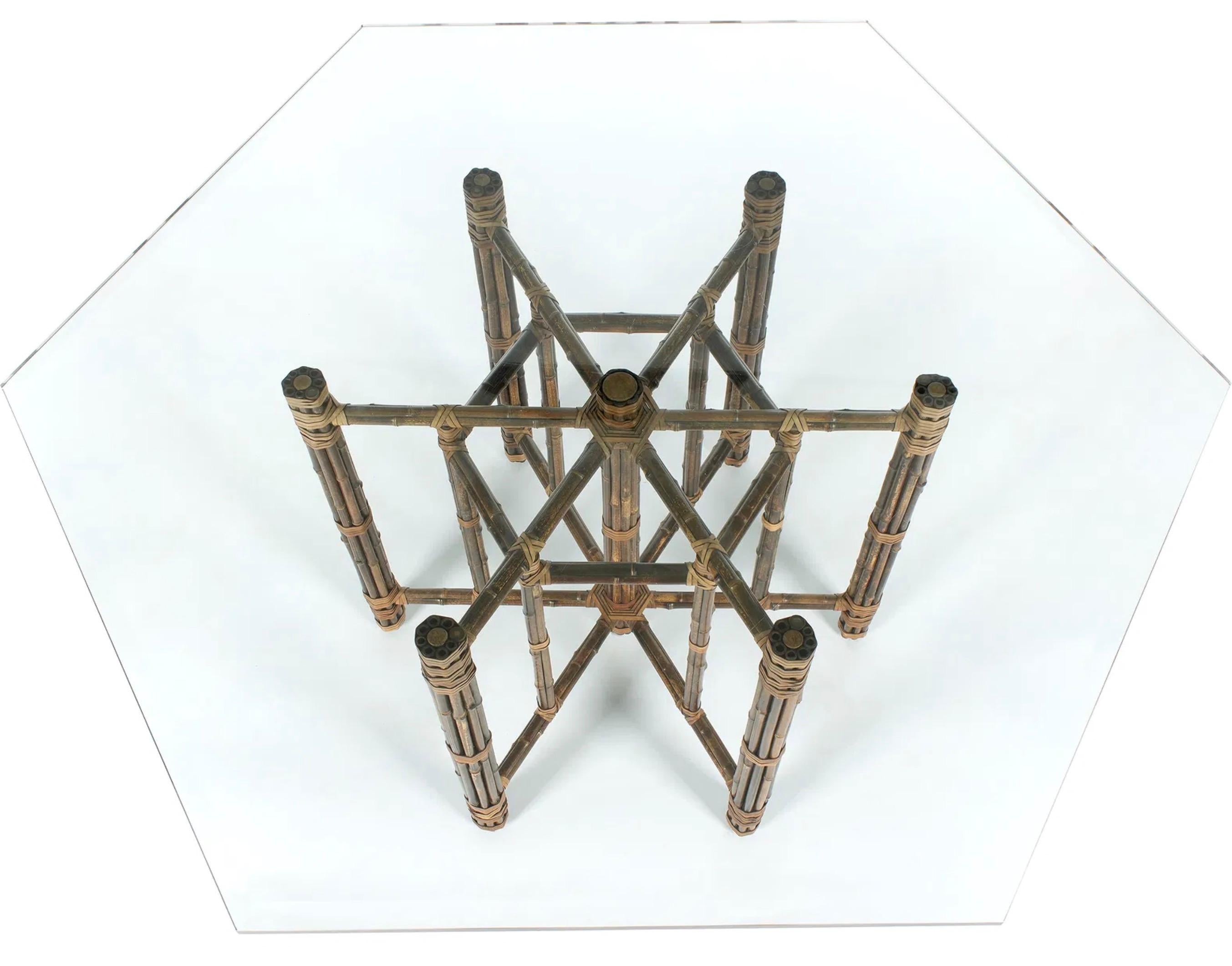 Mid-Century Modern Vintage McGuire Bamboo and Leather Base with Octagonal Glass Top For Sale
