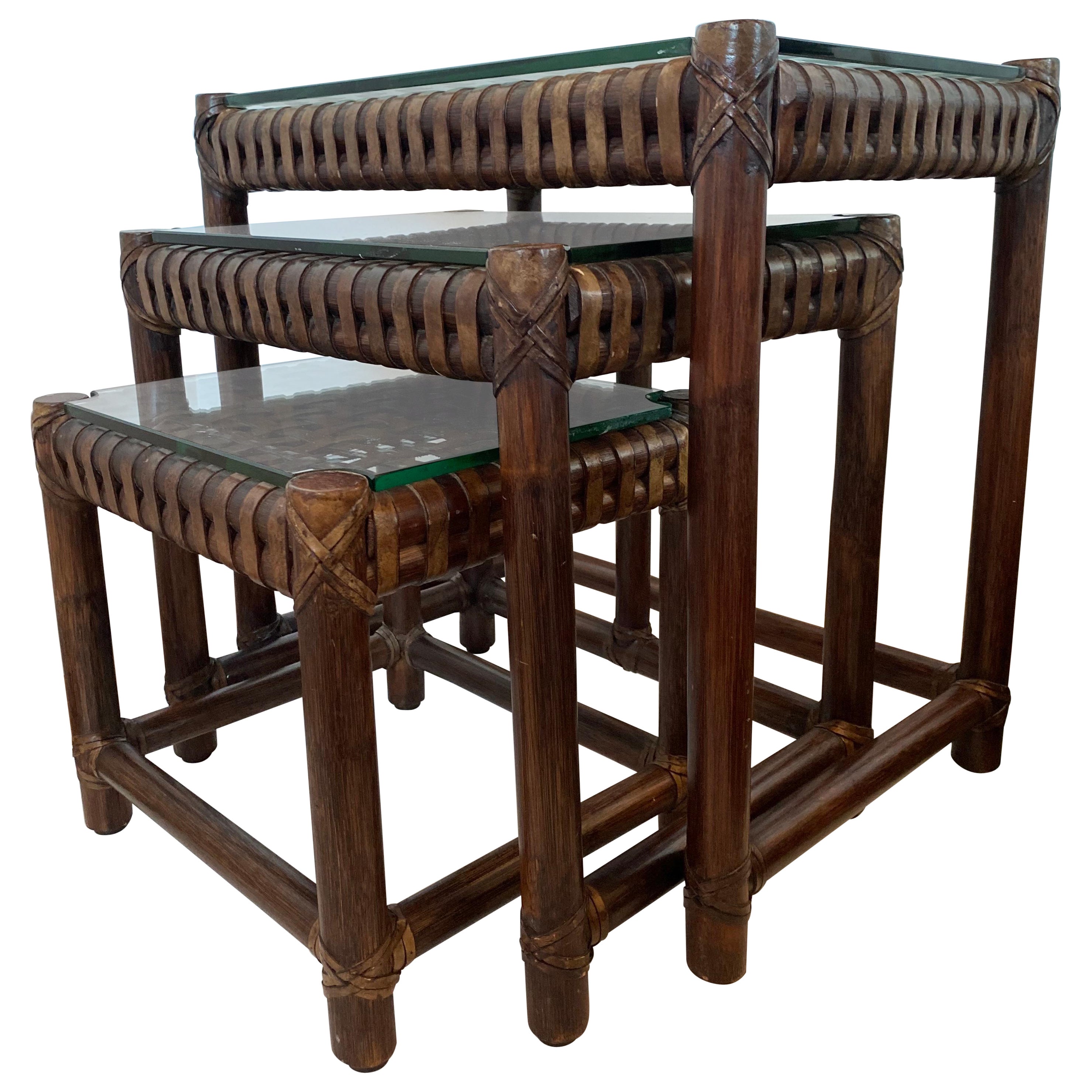 Tables gigognes en bambou et cuir Vintage By 3 en vente