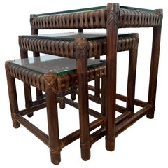 Vintage McGuire Bamboo and Leather Nesting Tables Set of 3