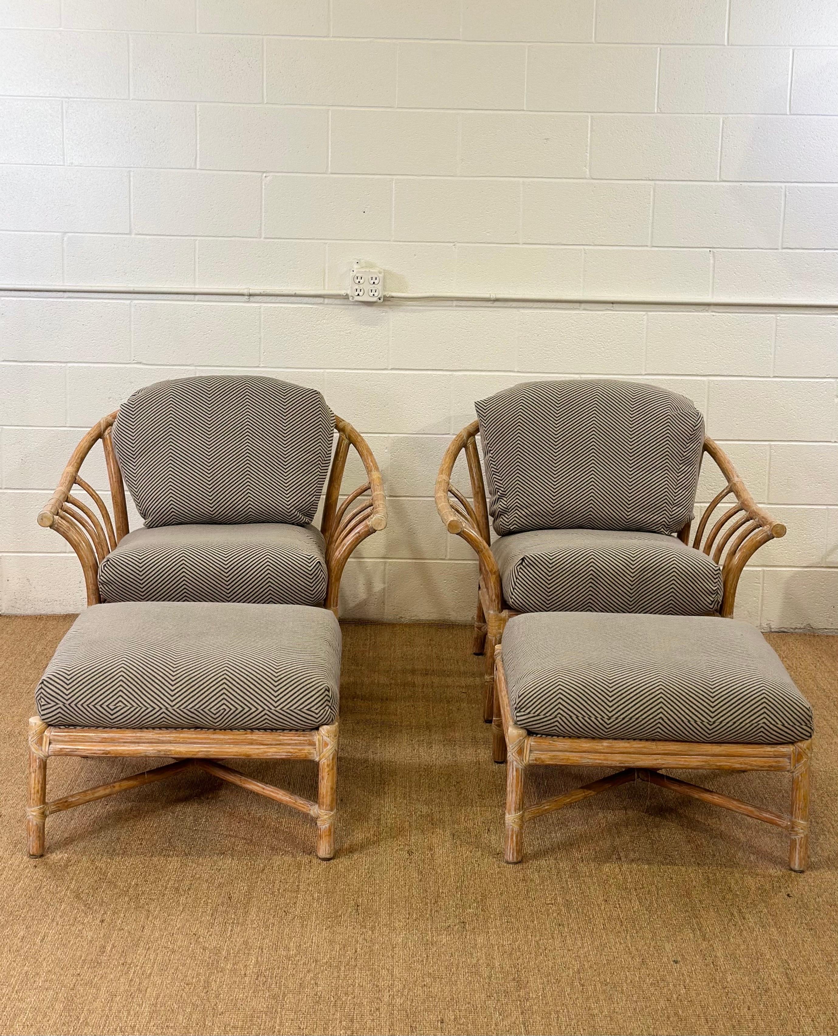 We are very pleased to offer a beautiful set of two chairs with ottomans designed by John McGuire, circa the 1990s.  McGuire designs mix incredible materials, forms, and textures to create both chic and timeless furniture; moreover, his brand has an