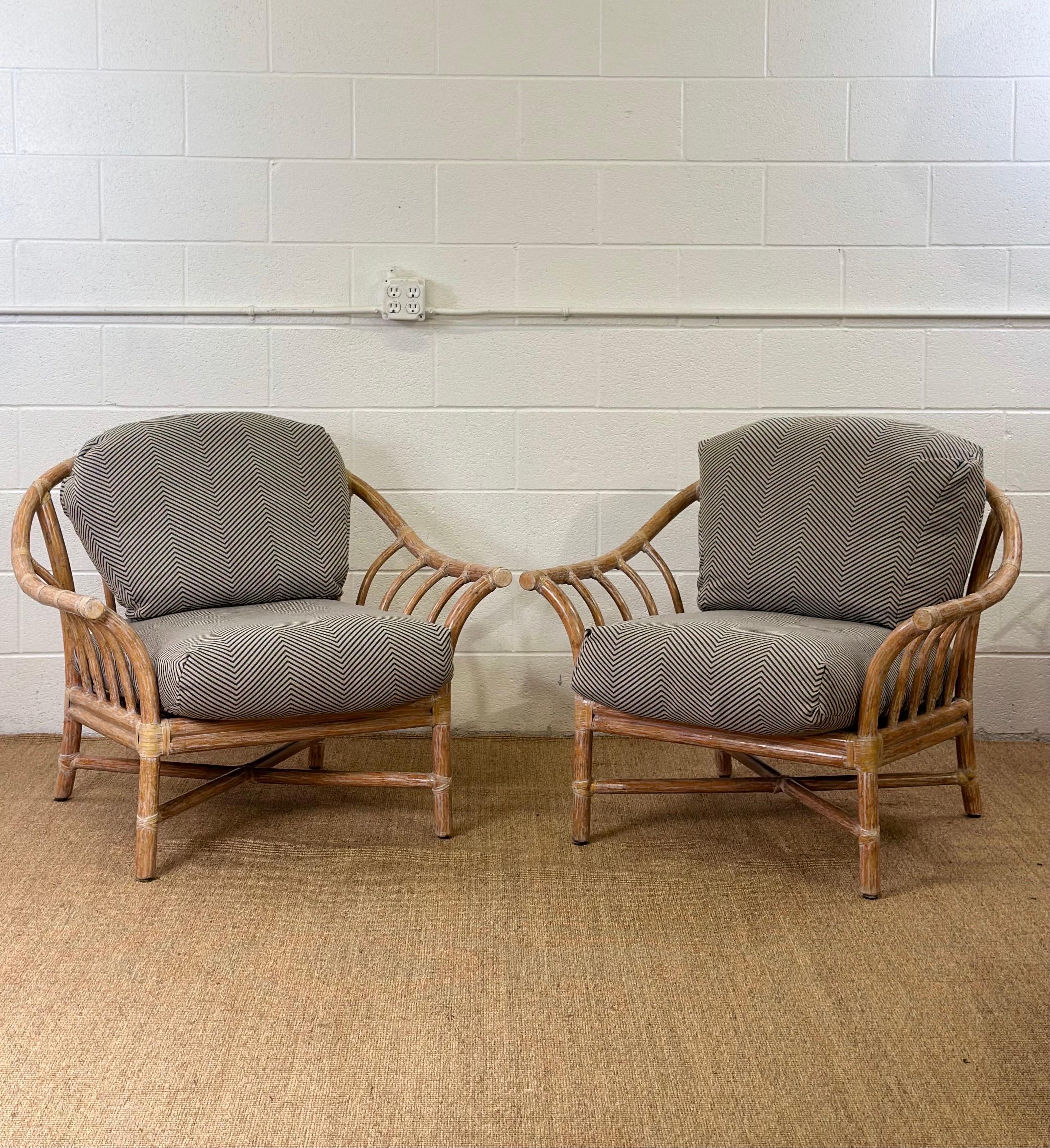 Late 20th Century Vintage McGuire Cerused Rattan Lounge Chairs with Ottomans – Set of 4 For Sale