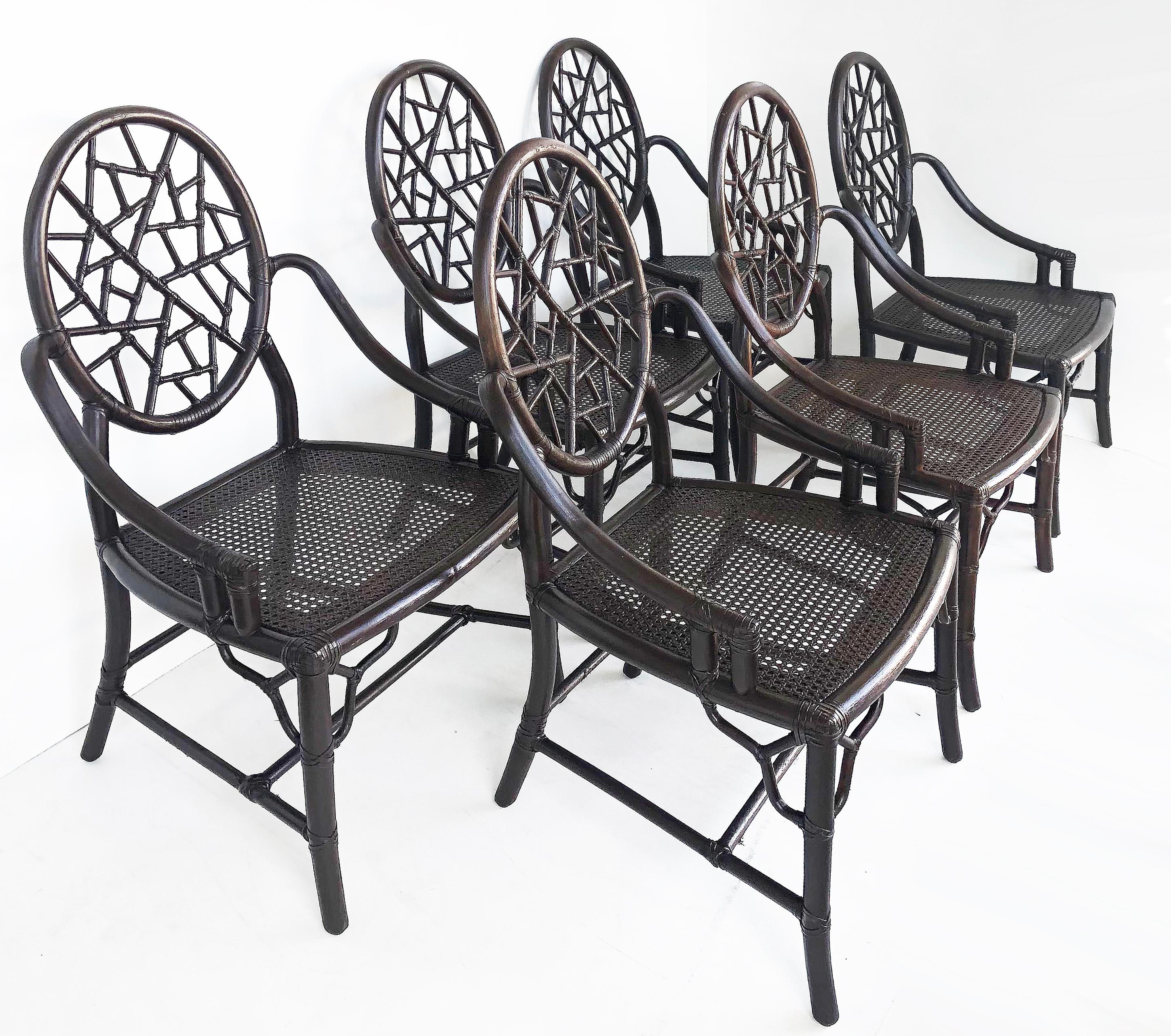 Vintage McGuire Cracked Ice rattan dining arm chairs, leather set (6)

Offered for sale is an elegant, tropical chic set of six vintage McGuire of San Francisco, CA rattan and caned dining chairs designed by John and Elinor McGuire in the Chinese