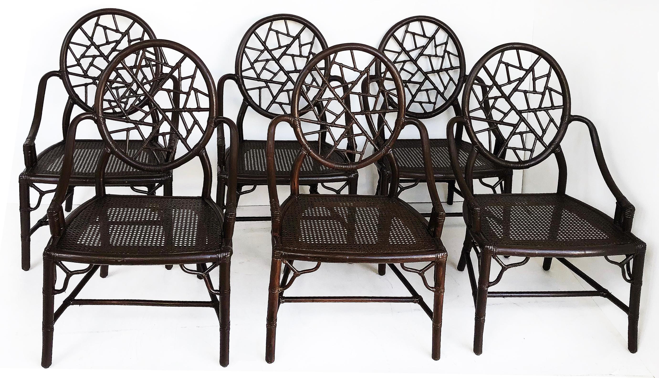 Philippine Vintage McGuire Cracked Ice Rattan Dining Arm Chairs, Leather Set '6'