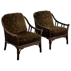 Vintage McGuire Dark Rattan Leopard Floral Velvet Cushions Lounge Chairs- A Pair