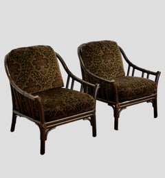 Vintage McGuire - Sedie da salotto in rattan scuro con cuscini in velluto floreale leopardato - Una coppia