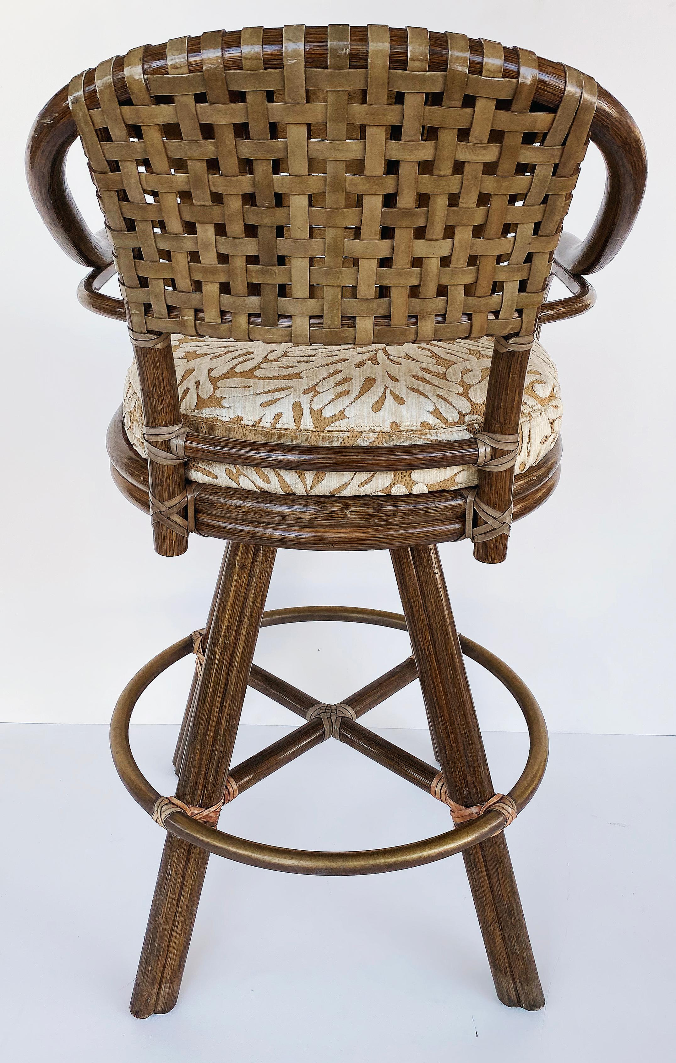 Vintage McGuire Rattan and Leather Swivel Bar Stools, Set of 3 In Good Condition In Miami, FL
