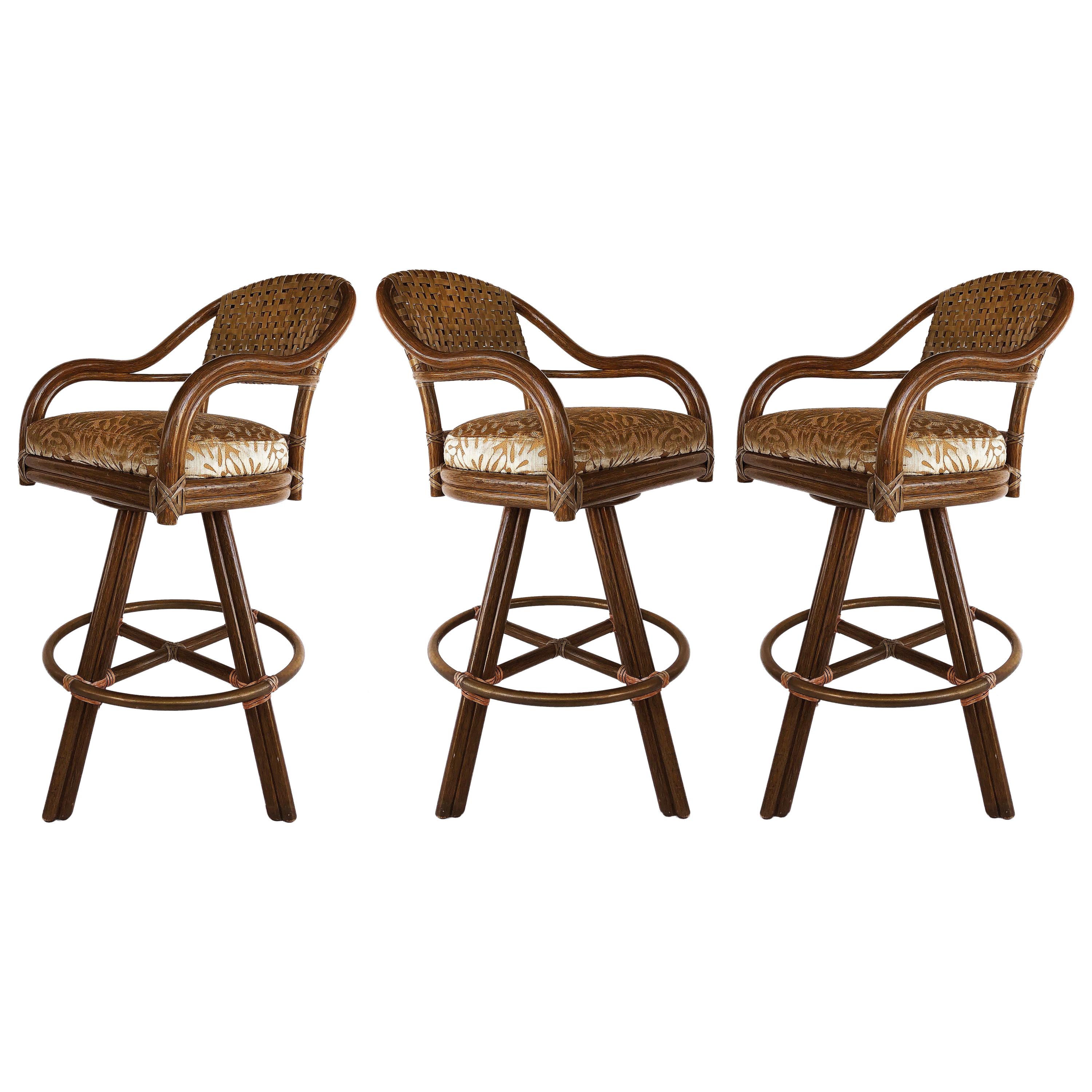 Vintage McGuire Rattan and Leather Swivel Bar Stools, Set of 3