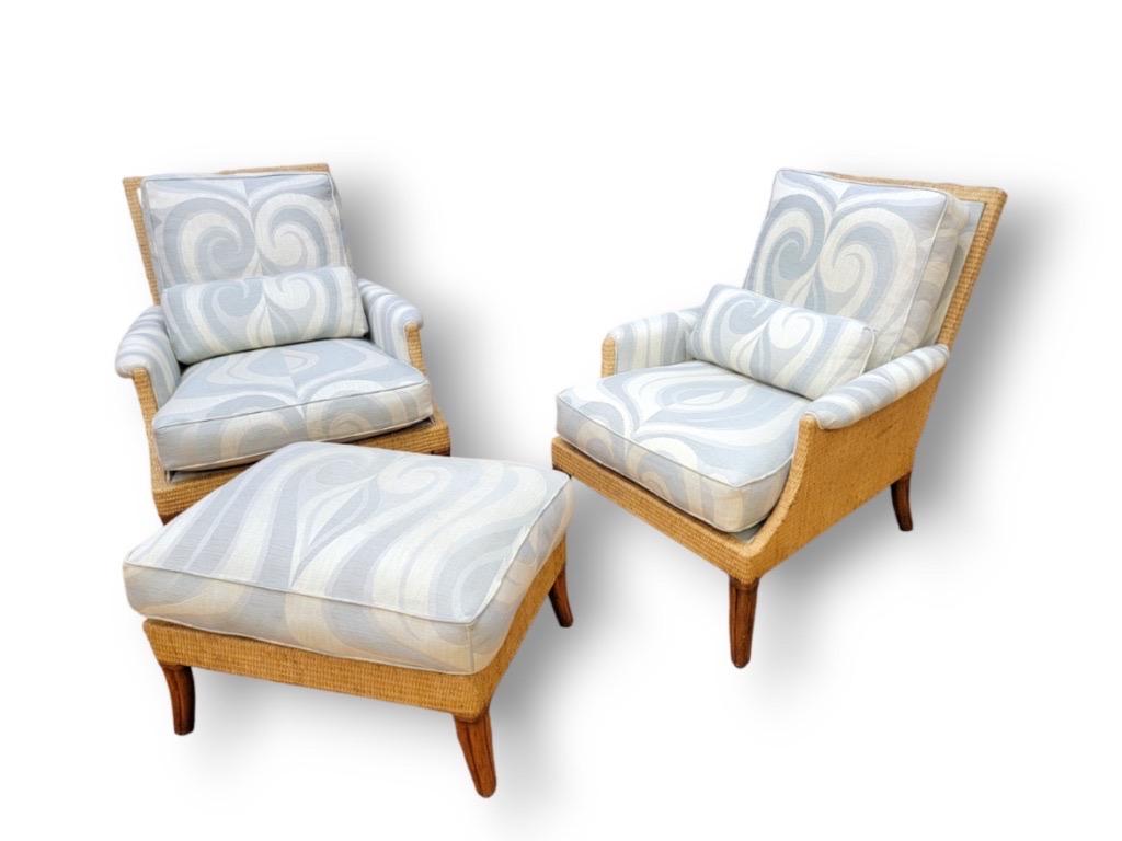 Mid-Century Modern Vintage McGuire Rattan and Wicker Umbria 2 Lounge Chairs with Ottoman