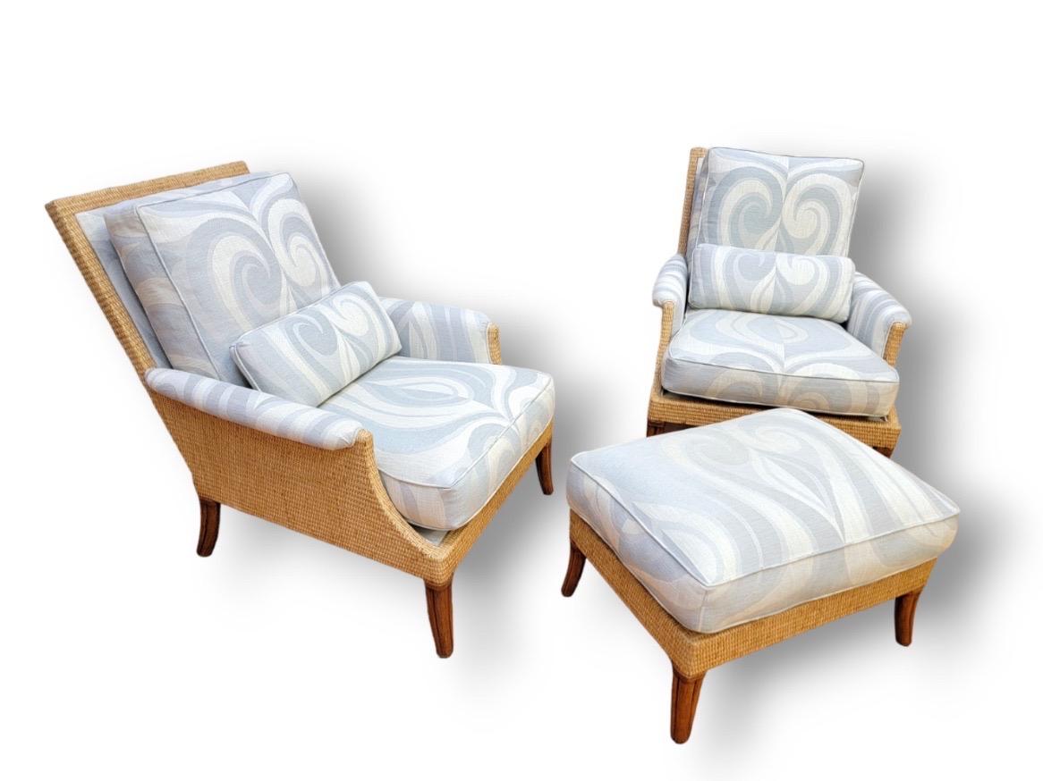 North American Vintage McGuire Rattan and Wicker Umbria 2 Lounge Chairs with Ottoman