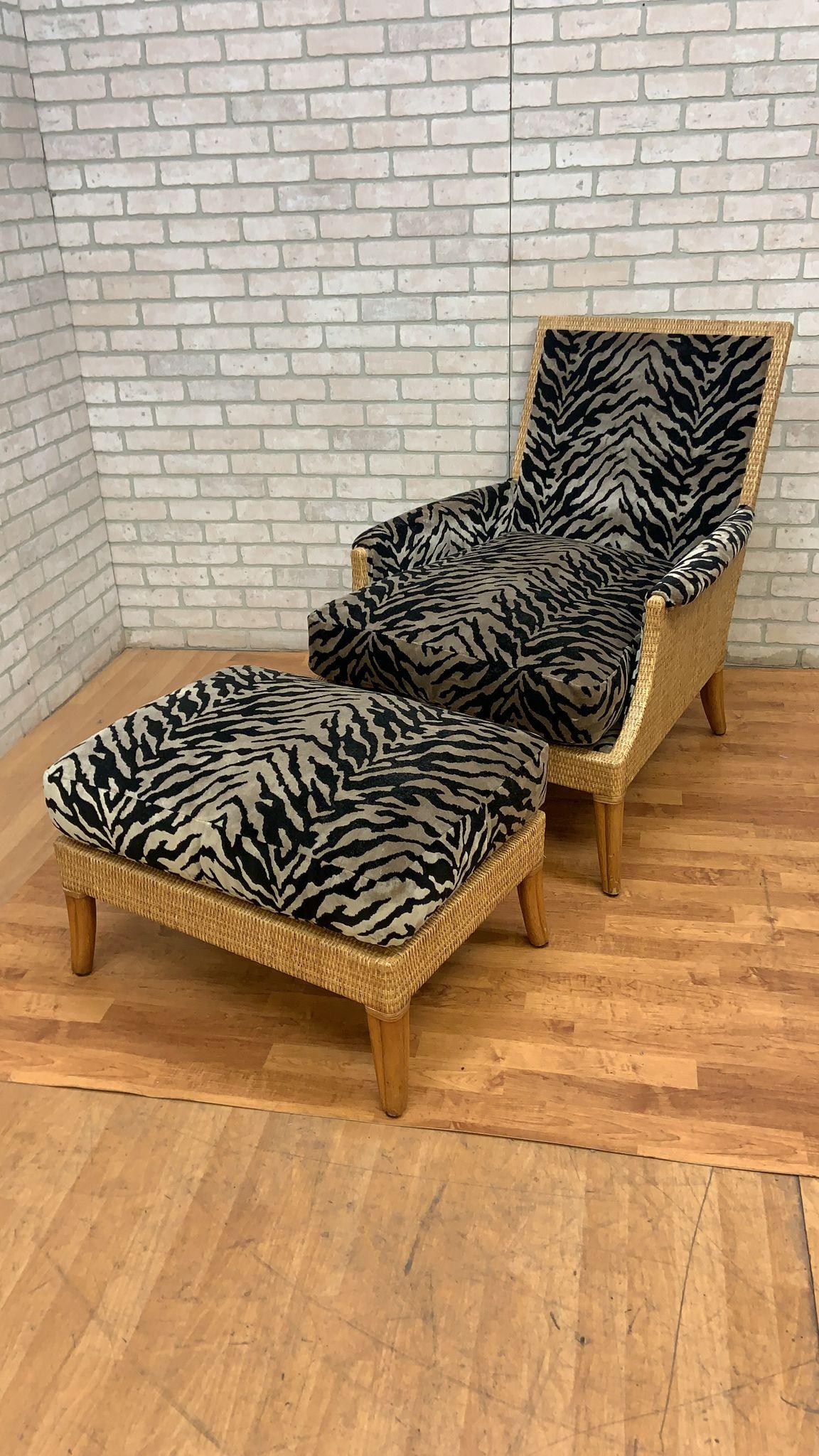 Hand-Crafted Vintage McGuire Rattan and Wicker Umbria Lounge Chair with Ottoman, 2 Piece Set For Sale