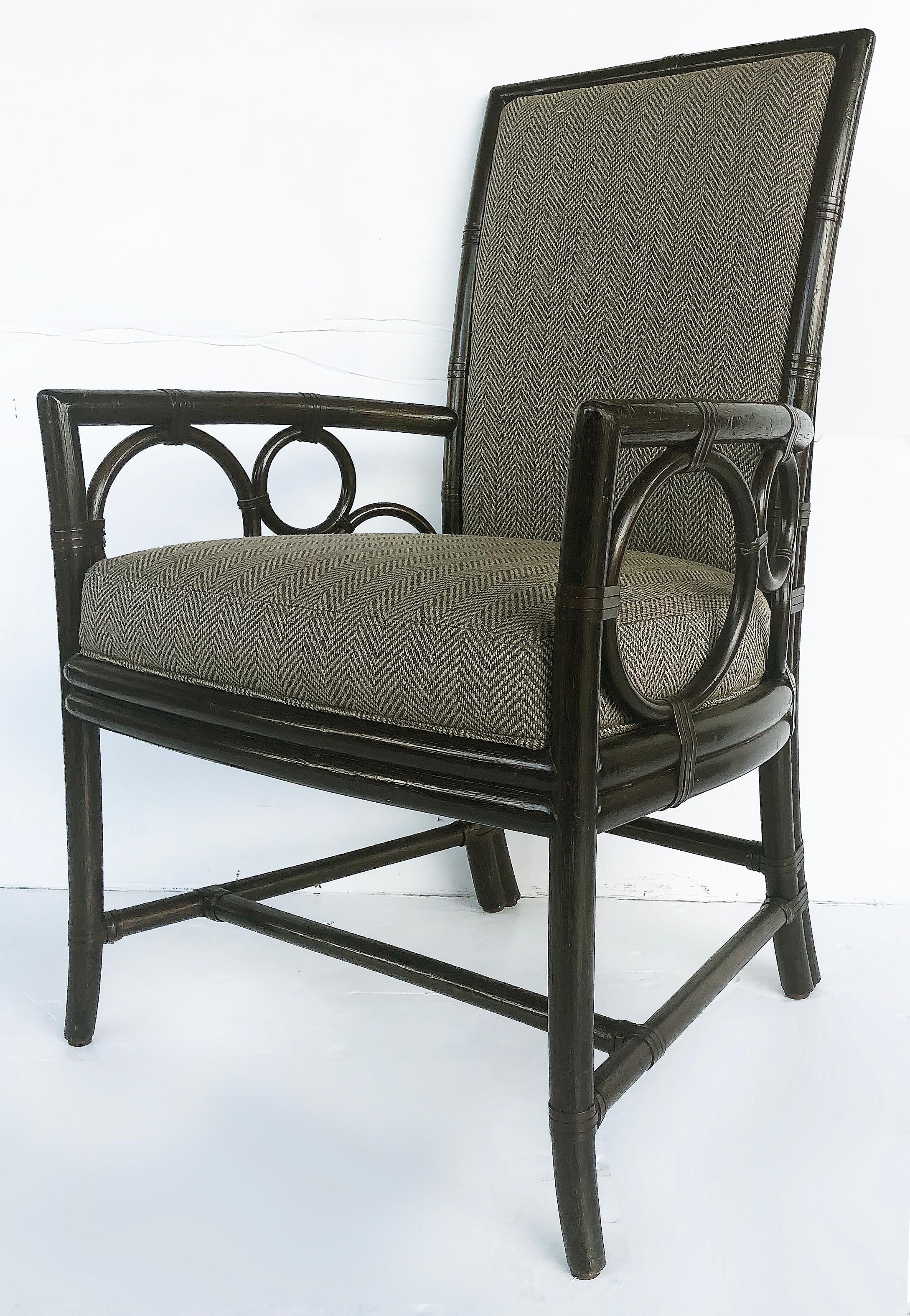 Vintage McGuire Rattan Armchairs, Newly Upholstered Pair In Good Condition In Miami, FL