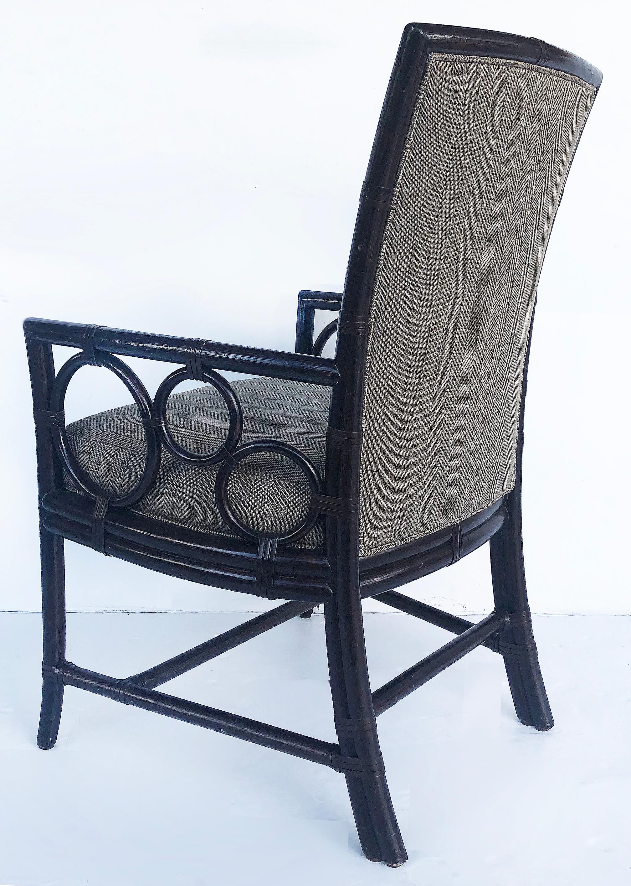 Contemporary Vintage McGuire Rattan Armchairs, Newly Upholstered Pair