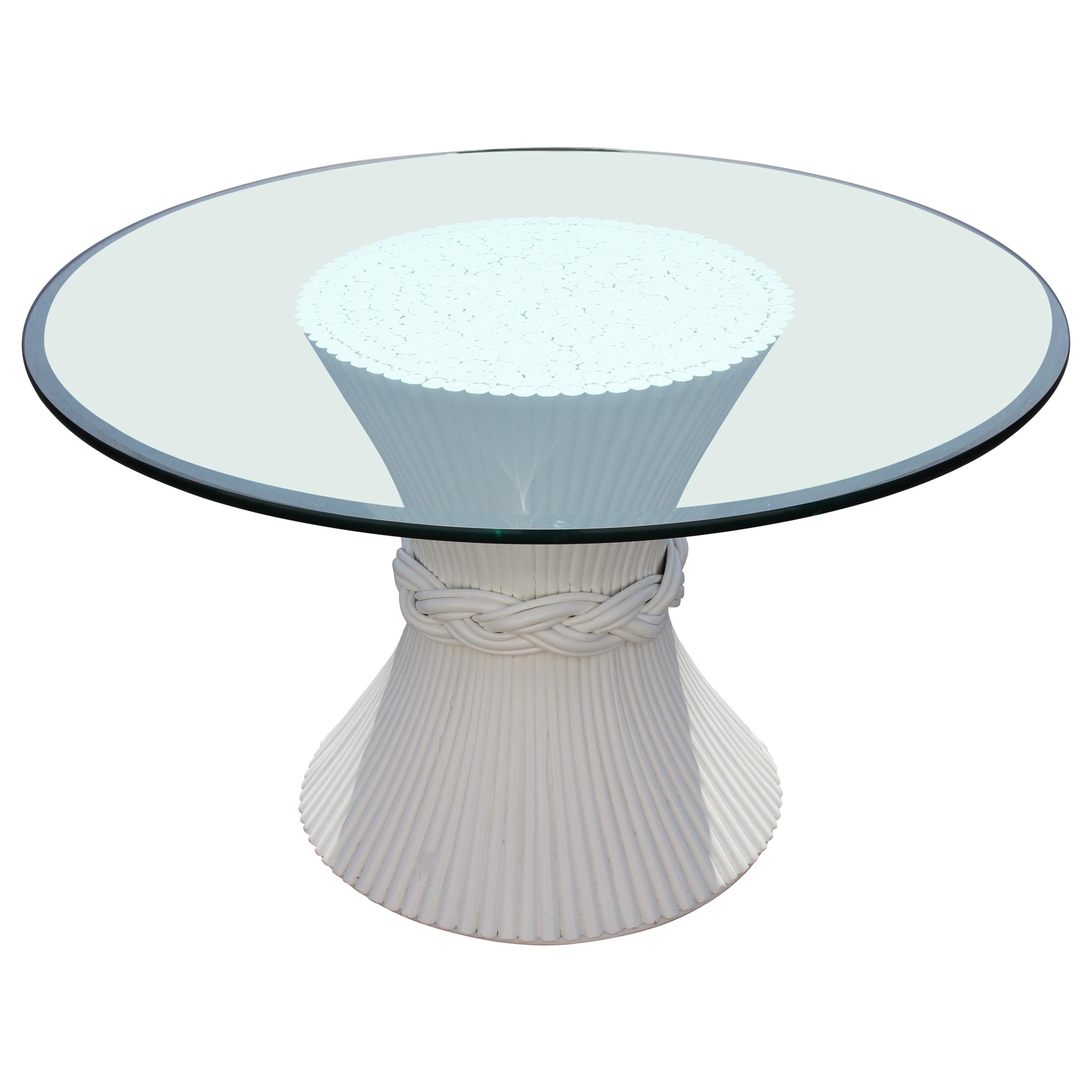 Vintage McGuire Rattan Sheaf of Wheat Form Dining Table, Original White Lacquer For Sale