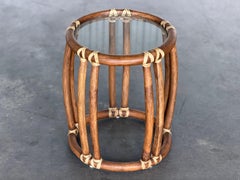 Vintage McGuire Rattan Side Table with Original Rawhide Lacing and Glass Top