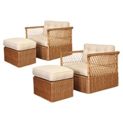 McGuire Rattan d'epoca, sedie da salotto e pouf in vimini - un set di 4 persone