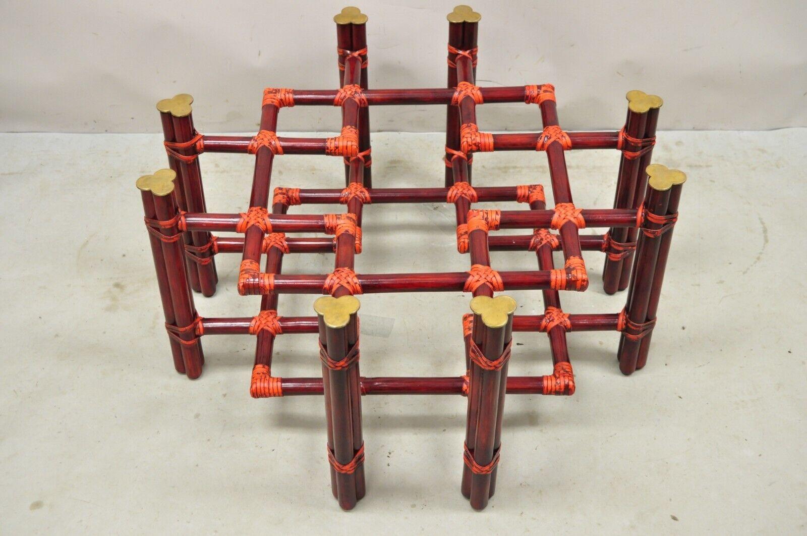 Vintage McGuire Red Rattan Bamboo and Brass Glass Top Square Coffee Table In Good Condition For Sale In Philadelphia, PA