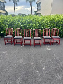 Vintage McGuire Red Rattan Chinese Officials Hat Dining Chairs, Set of 6