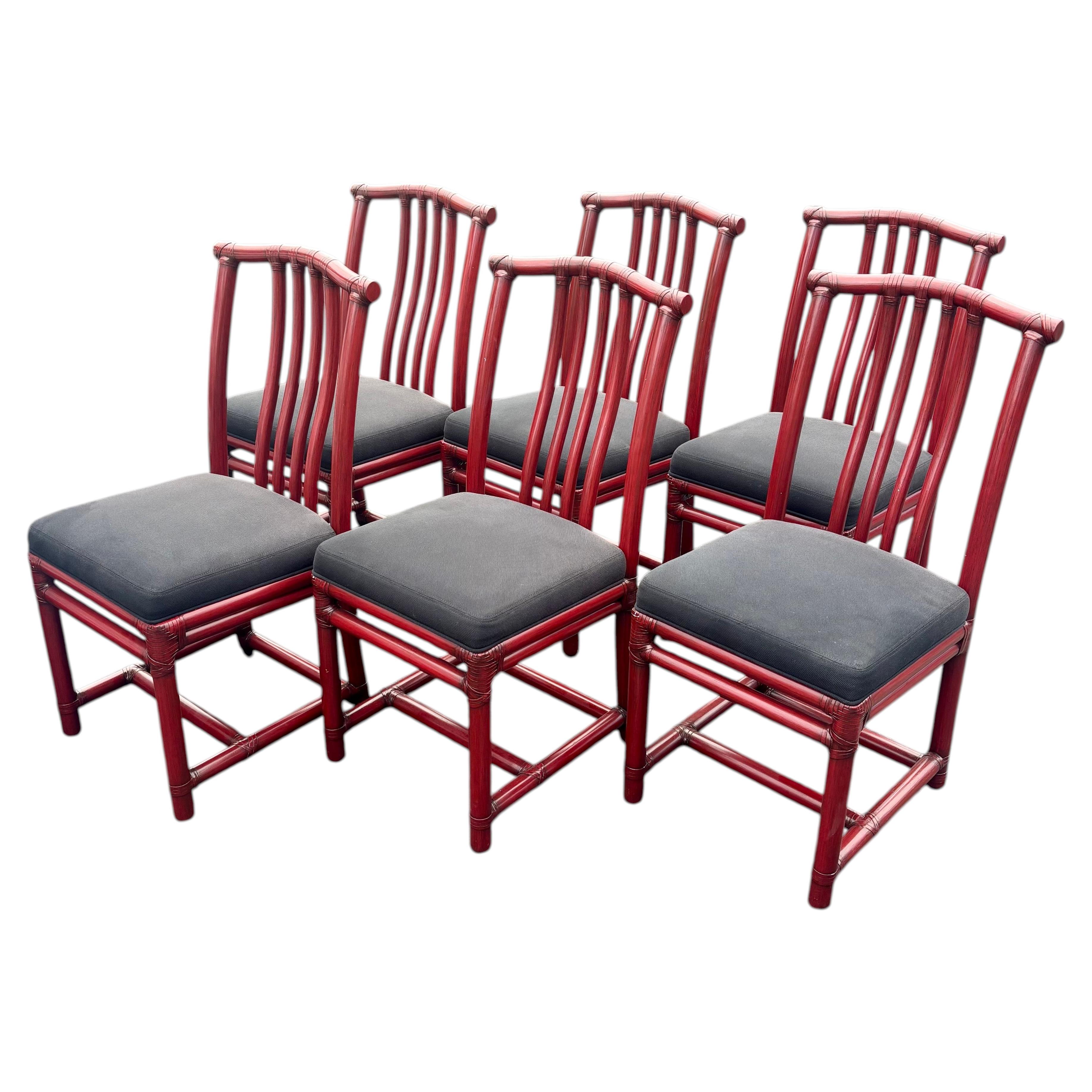 Pre-owned Mcguire Vintage  Red Rattan Chinese Officials Hat Dining Chairs, Set Of 6