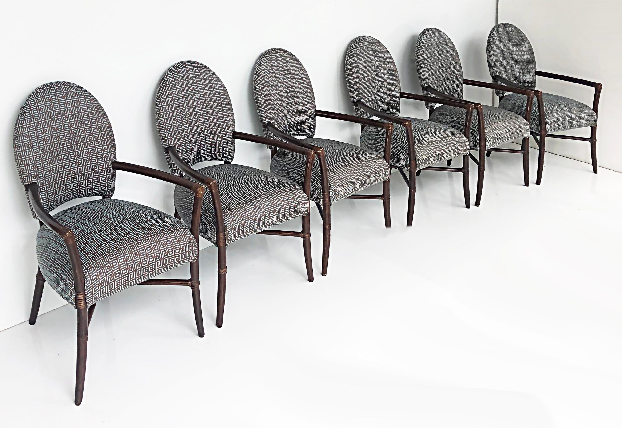 Vintage McGuire San Francisco dining armchairs, upholstered Set of 6 

Offered for sale is an elegant set of 6 upholstered McGuire San Francisco dining armchairs. The frames are wrapped in leather at the joins and the seats and backs are