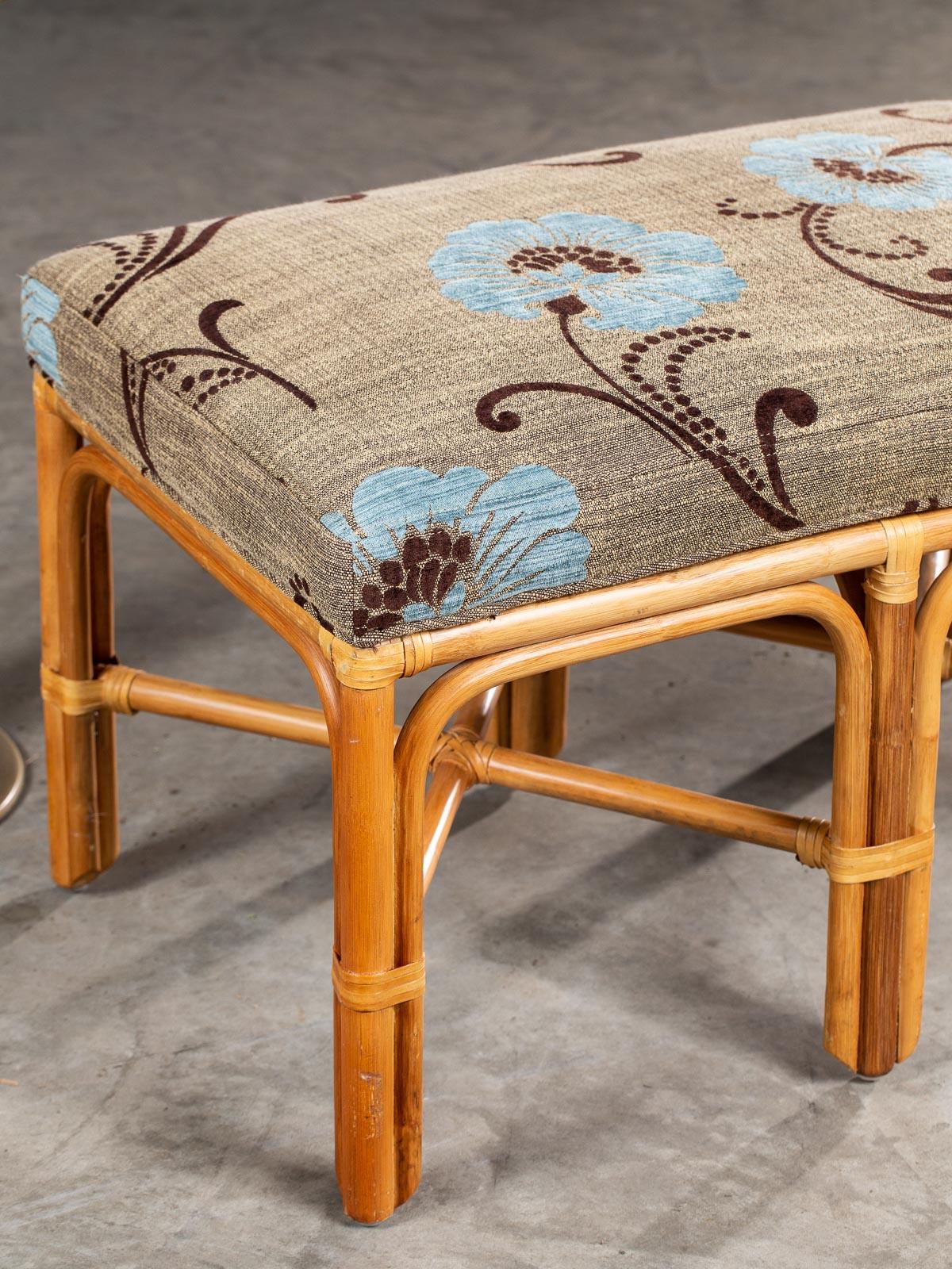 20th Century Vintage McGuire Style Bamboo Rattan Leather Bench Stool Seat, circa 1970 For Sale