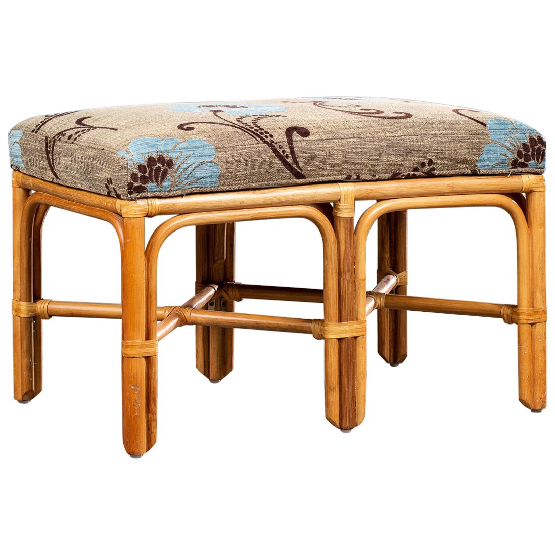 Vintage McGuire Style Bamboo Rattan Leather Bench Stool Seat, circa 1970 For Sale