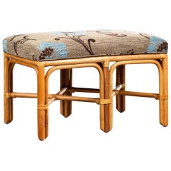 Vintage McGuire Style Bamboo Rattan Leather Bench Stool Seat, circa 1970