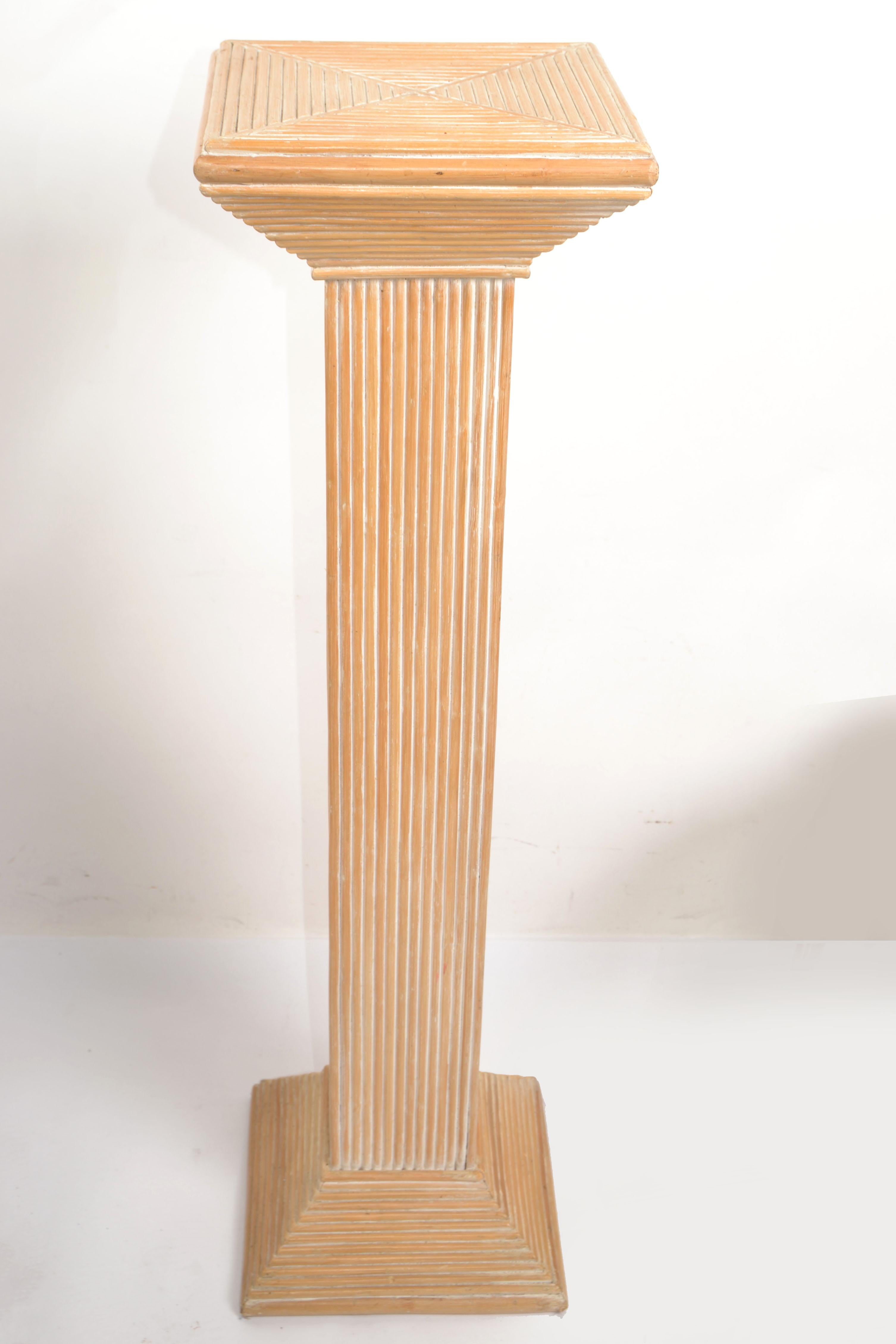 1980s Vintage bleached Pencil Reed handcrafted Pedestal, Column or Plant Stand in the Style of McGuire made in USA circa late 20th Century.
For indoor use only to display Home Decor or Plants.
All handmade and sturdy to hold heavy items such as