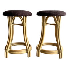 Vintage McGuire Style Rattan Counter Stools in Brown Bouclé, a Pair