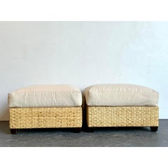 Vintage McGuire Woven Rattan Ottomans - A Pair