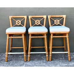 Vintage McGuire Wrapped Rattan Bar Stools - Set of 3