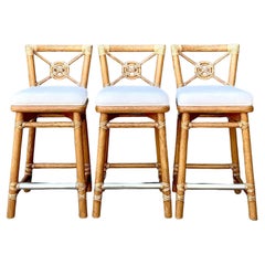 Vintage McGuire Wrapped Rattan Bar Stools - Set of 3