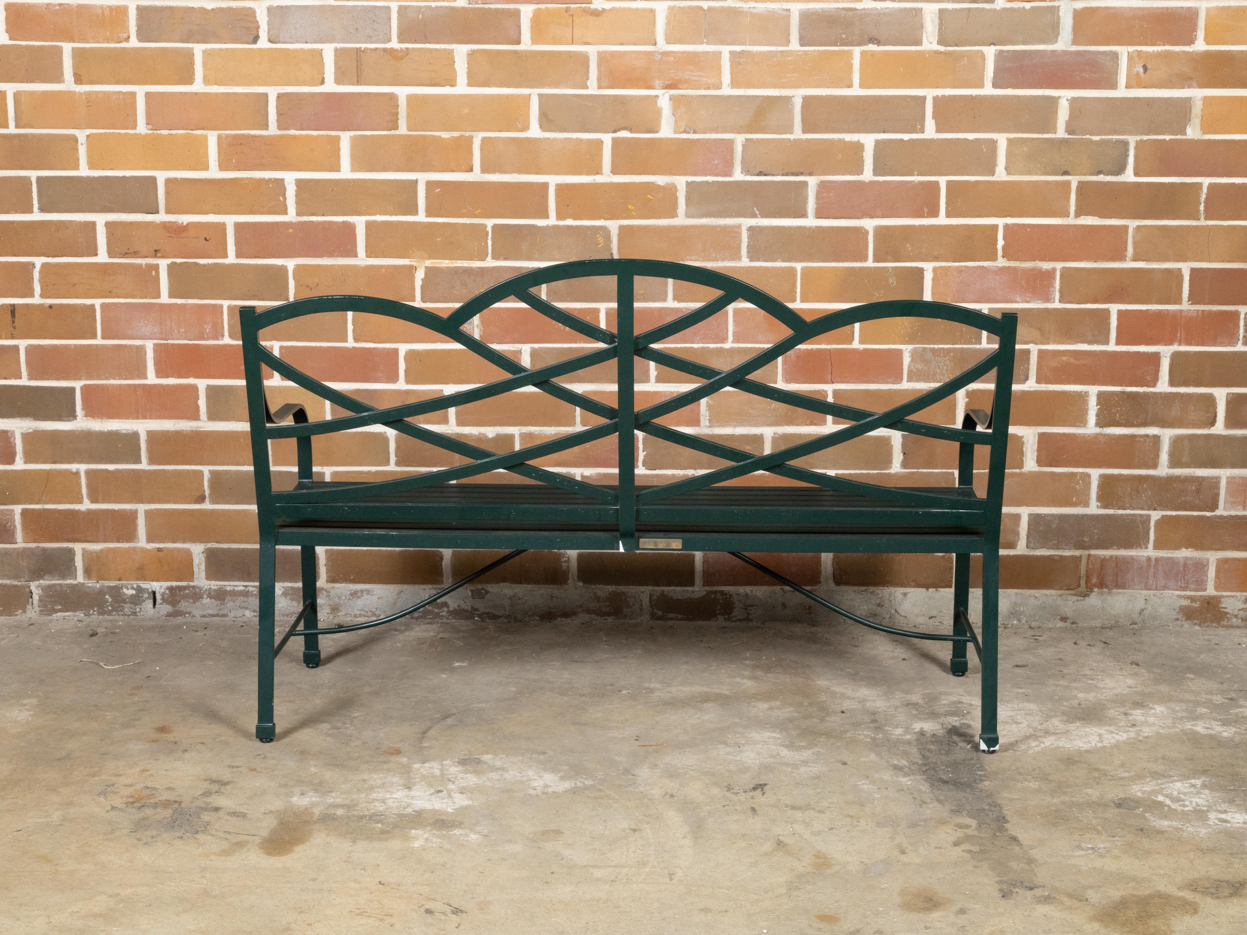 Vintage McKinnon and Harris Dark Green Aluminum Garden Bench with Arched Back In Good Condition In Atlanta, GA
