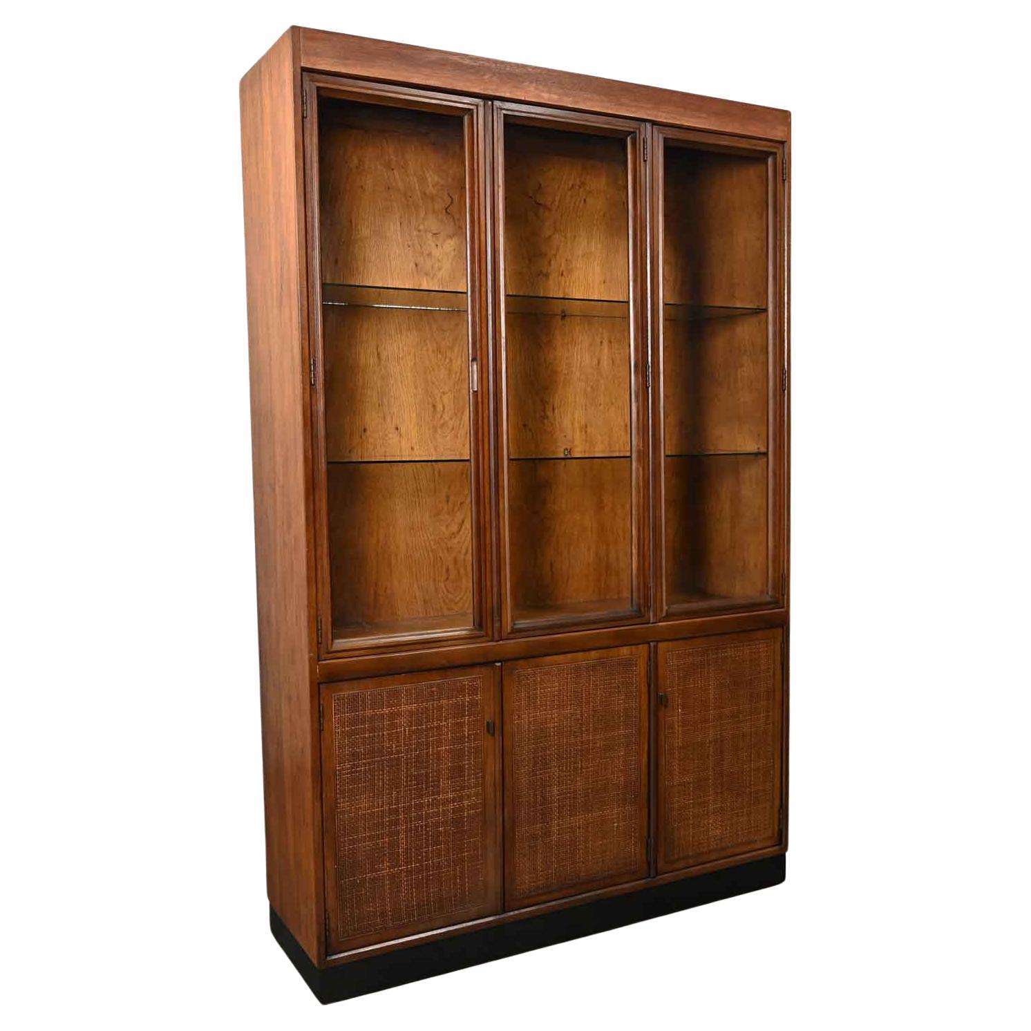 Vintage MCM 1 Piece Walnut & Radio Weave Cane Front Lighted China Cabinet For Sale