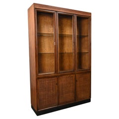 Retro MCM 1 Piece Walnut & Radio Weave Cane Front Lighted China Cabinet