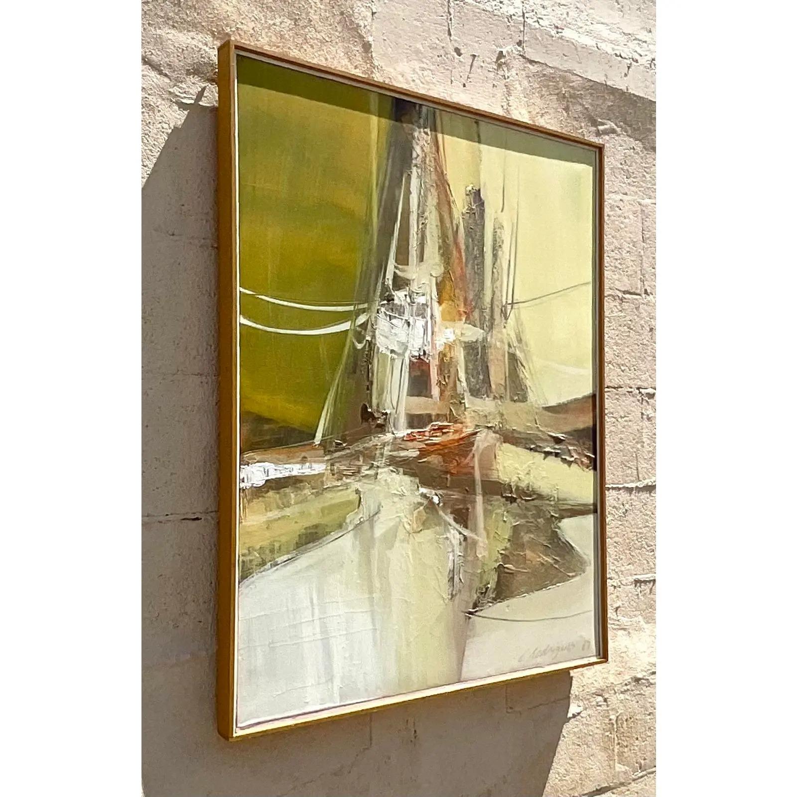 Gold Vintage MCM 1969 Abstract Original Oil Painting Signed For Sale
