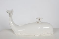 Vintage MCM 22" Off White Glazed Ceramic " Sperm Whale " or Moby Dick Sculpture